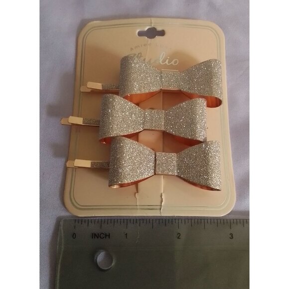 Aimee Lynn Studio Glitter Bow Hair Clips Bobby Pins Set Of 3 Sparkling Gold - Picture 2 of 2